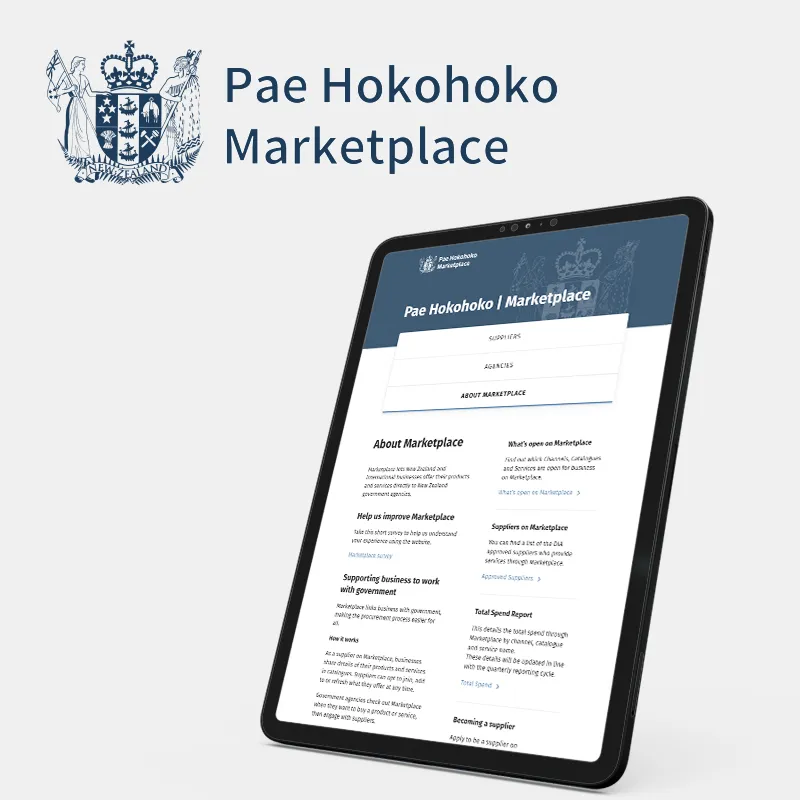 Marketplace website on a tablet with the logo on the left.